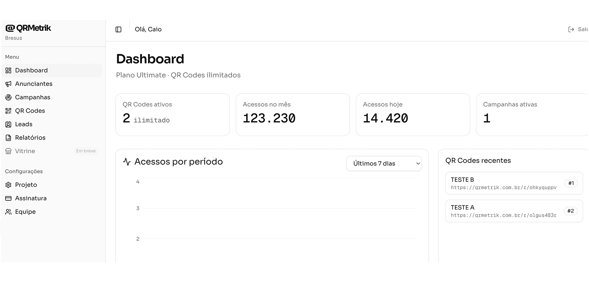 Painel principal do QRMetrik — dashboard com métricas e campanhas